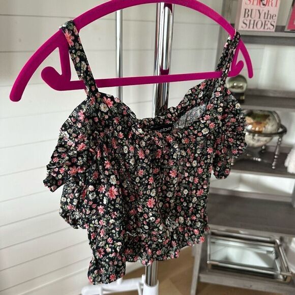 Bebe floral boho print smocked cropped off shoulder top sz small - Picture 5 of 8